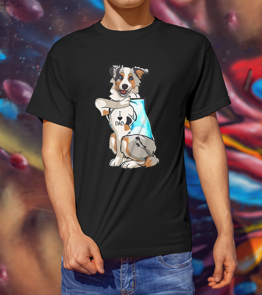 Australian Shepherd Dog I Love Dad Tattoo Paws Up T-Shirt