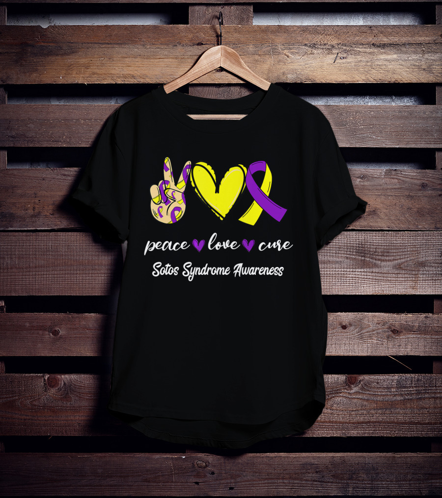 Peace Love Cure Yellow Heart Purple Ribbon Sotos Syndrome Awareness T-Shirt
