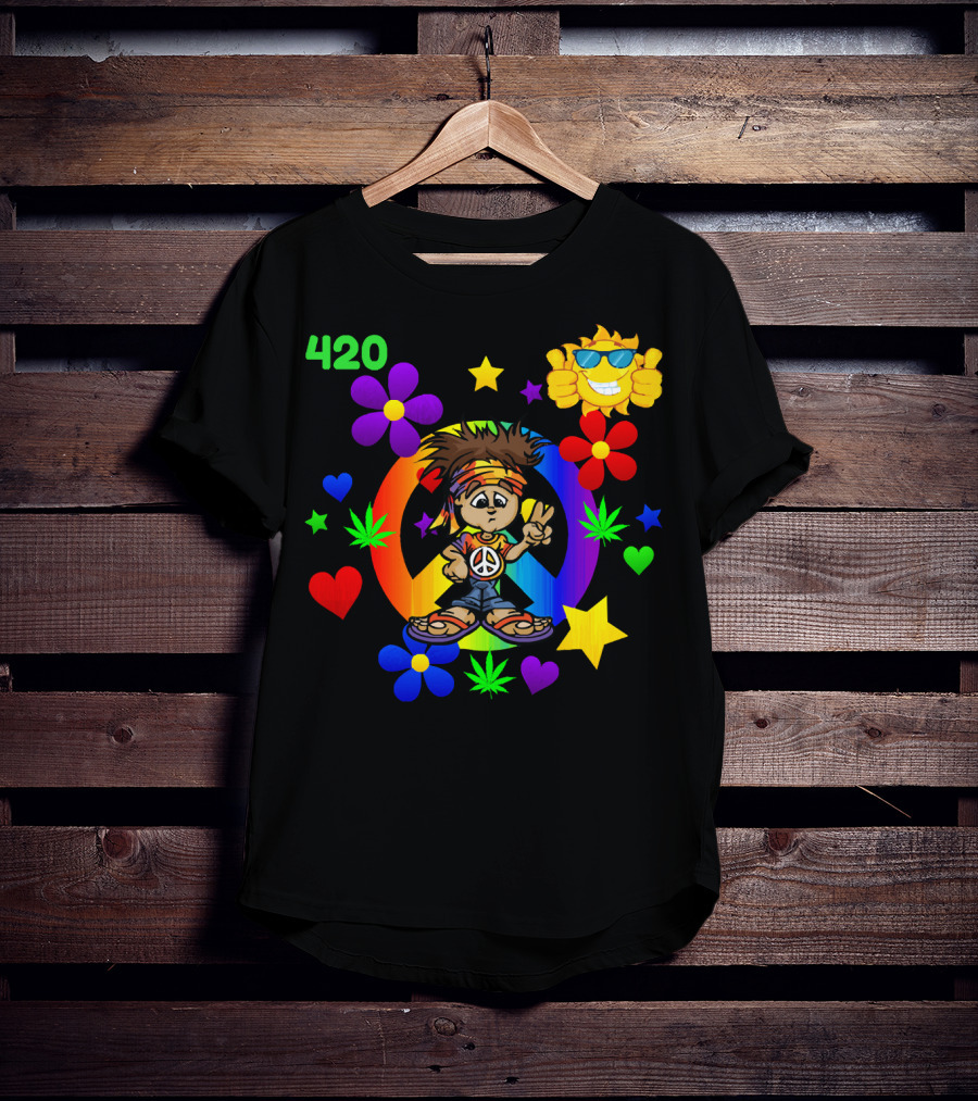 420 Peace Sign Hippie Cartoon With Sun And Colorful Flowers T-Shirt