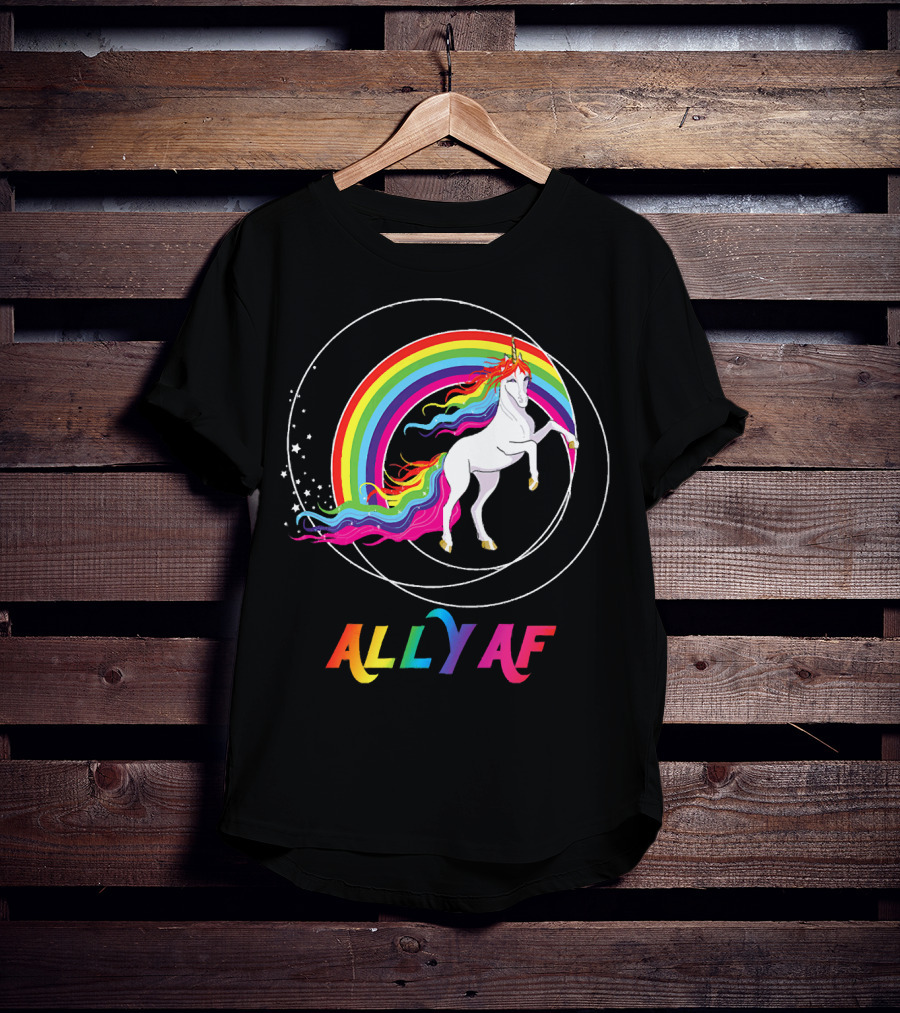 Rainbow Pride Ally AF Unicorn With Rainbow Pride Flag Colors T-Shirt