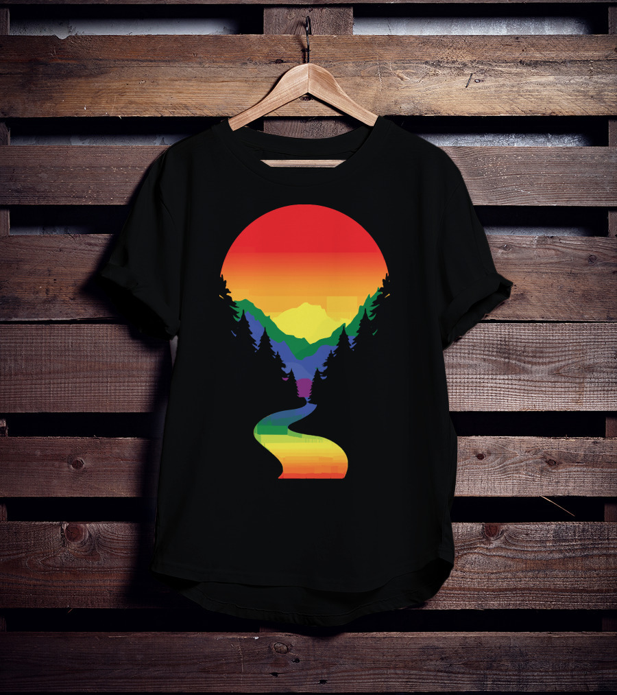 Rainbow Pride Sunset Silhouette Mountains Forest Pathway T-Shirt