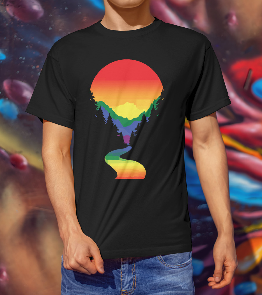 Rainbow Pride Sunset Silhouette Mountains Forest Pathway T-Shirt