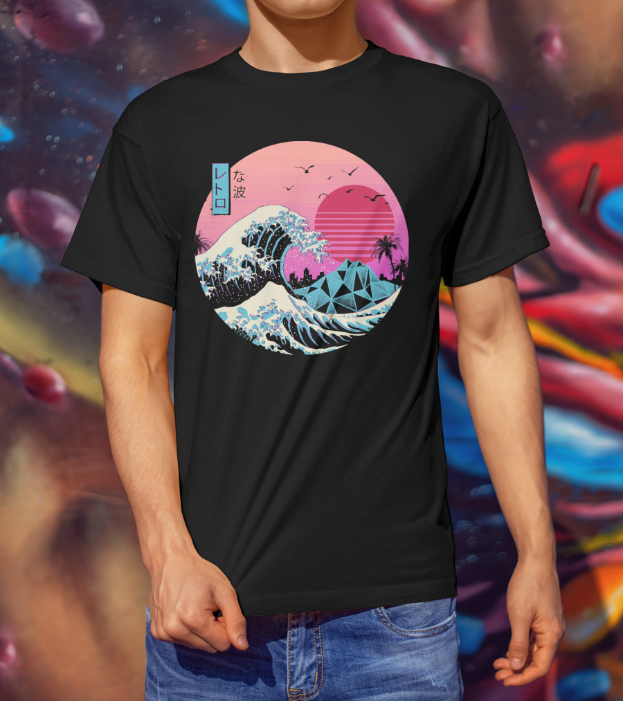 Retro Wave: The Great Sunset Surf With Palm Trees And Geometric Mountains T-Shirt