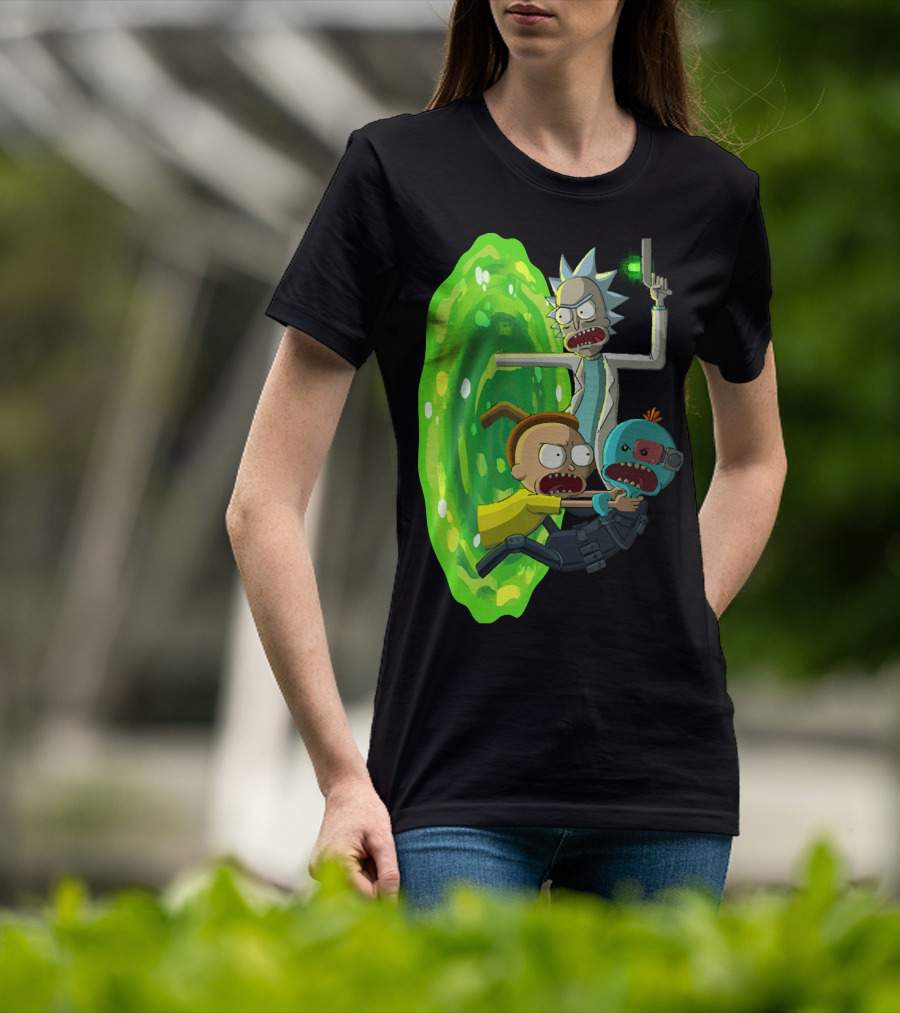 Rick And Morty Portal Escape With Meeseeks Cyborg Adventure T-Shirt