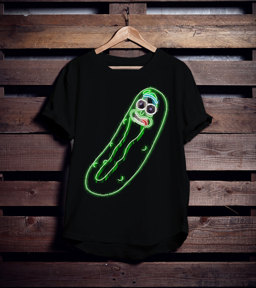 Neon Pickle Rick Left Pocket Glowing Expression T-Shirt