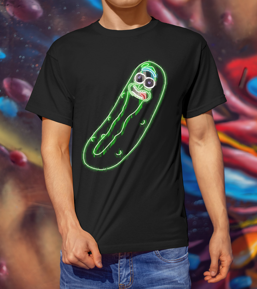 Neon Pickle Rick Left Pocket Glowing Expression T-Shirt