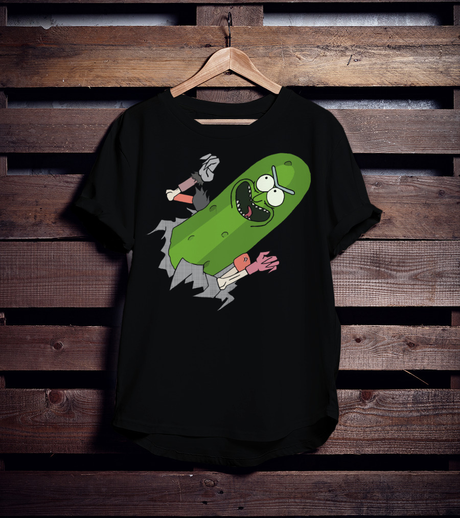 Pickle Rick Breaking Through Punching Action T-Shirt