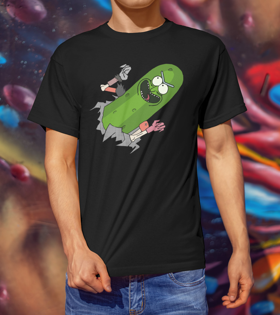 Pickle Rick Breaking Through Punching Action T-Shirt