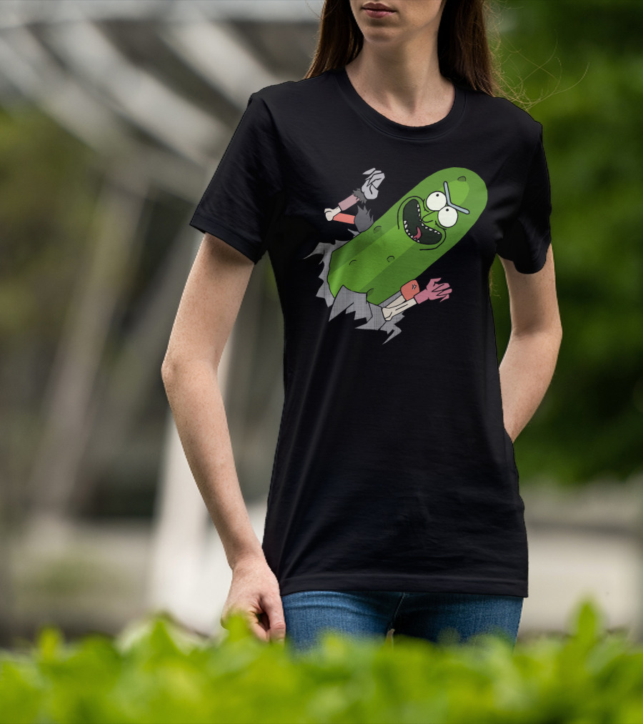 Pickle Rick Breaking Through Punching Action T-Shirt