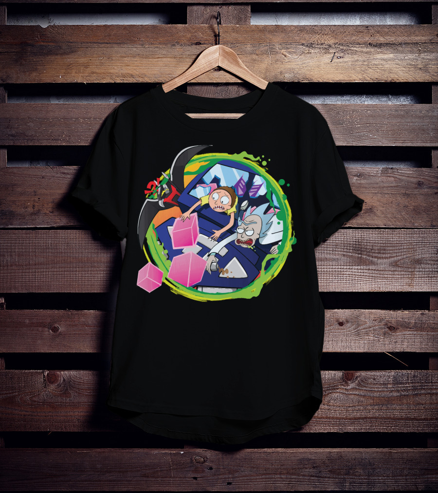 Rick And Morty In Cyber Portal Adventure With Pink Cubes And Alien Figures T-Shirt