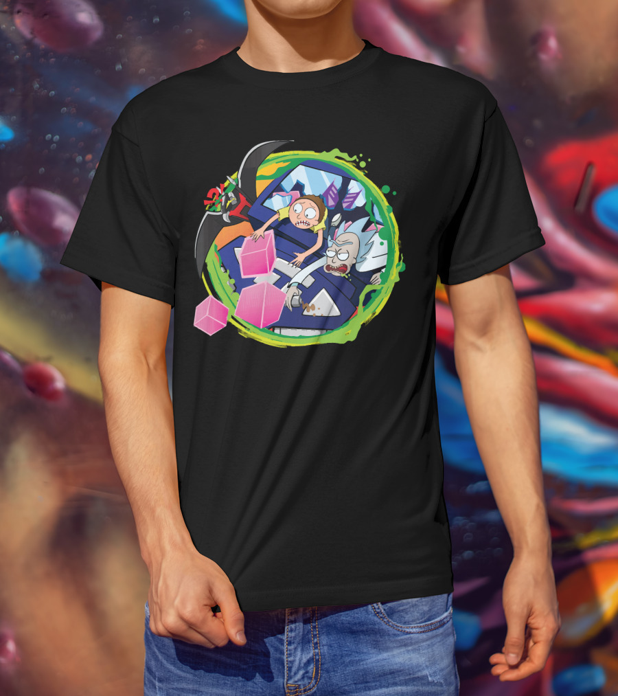 Rick And Morty In Cyber Portal Adventure With Pink Cubes And Alien Figures T-Shirt