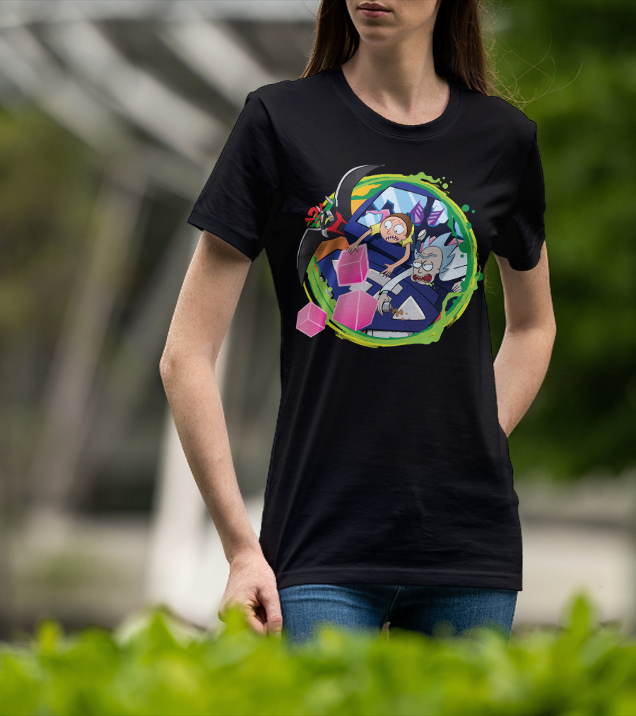 Rick And Morty In Cyber Portal Adventure With Pink Cubes And Alien Figures T-Shirt