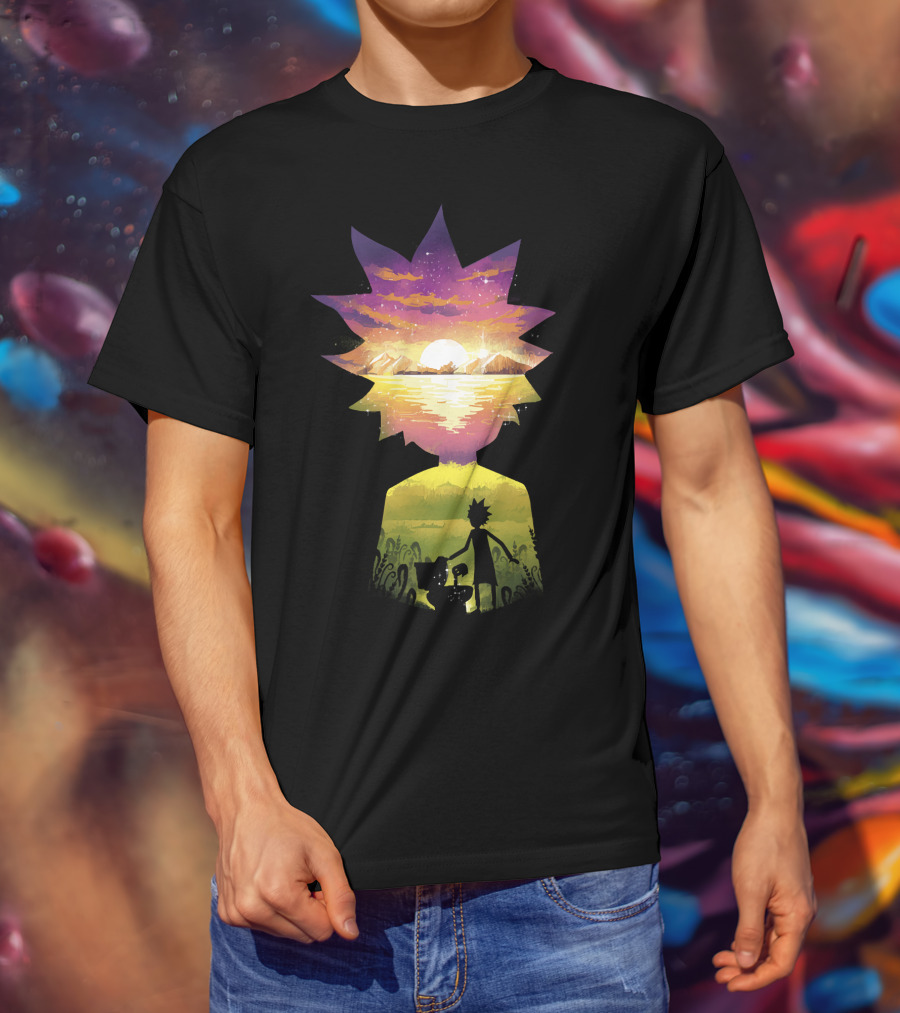Rick And Morty Cosmic Sunset Adventure Scene T-Shirt