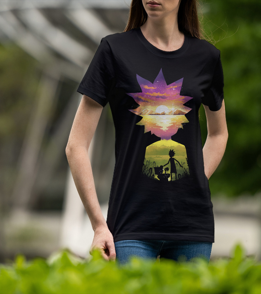 Rick And Morty Cosmic Sunset Adventure Scene T-Shirt