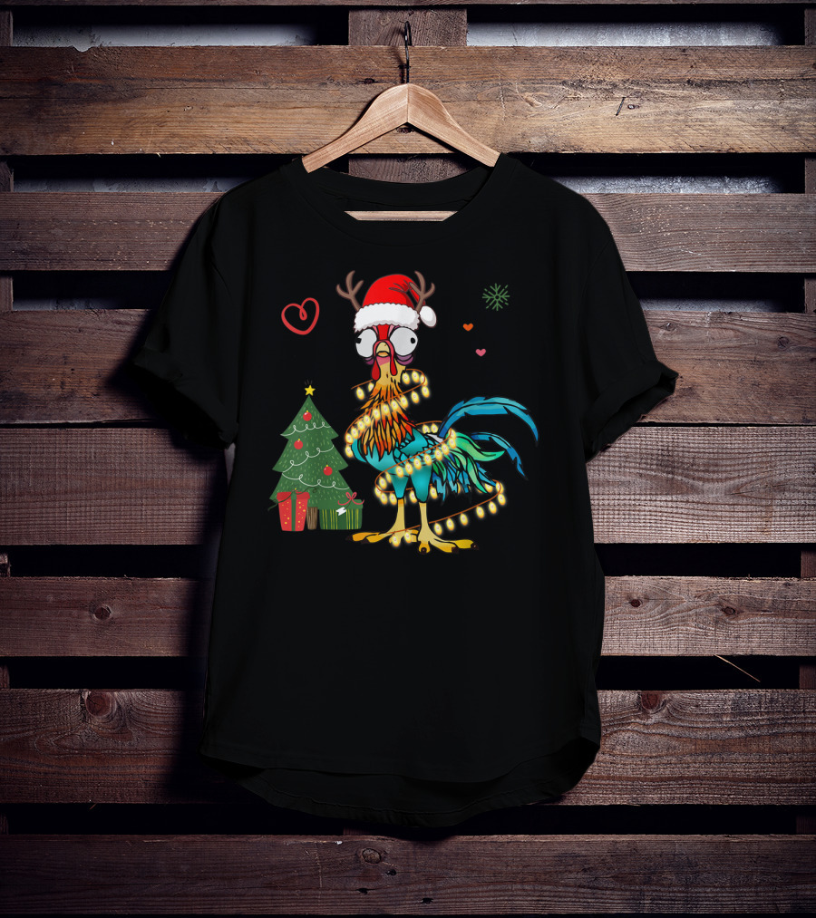 Chicken Reindeer Christmas Lights Santa Hat Christmas Tree T-Shirt