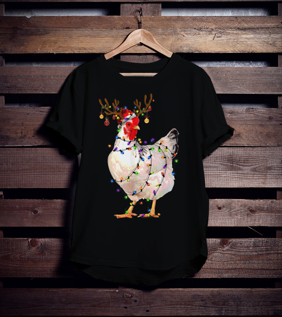 Funny Chicken Wearing Reindeer Antlers And Christmas Lights T-Shirt