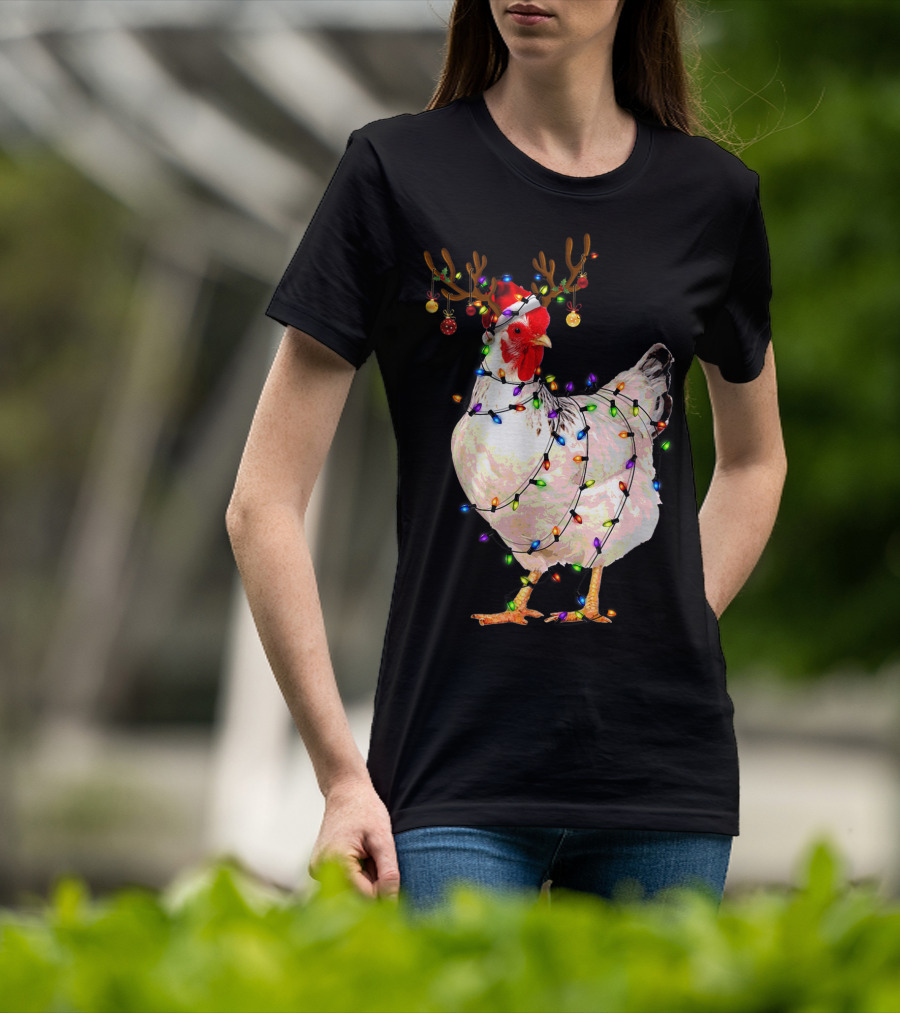 Funny Chicken Wearing Reindeer Antlers And Christmas Lights T-Shirt