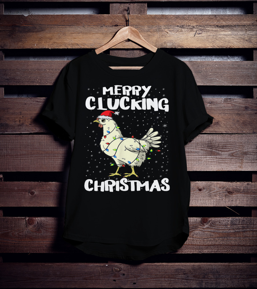 Merry Clucking Christmas Chicken Santa Hat Lights T-Shirt