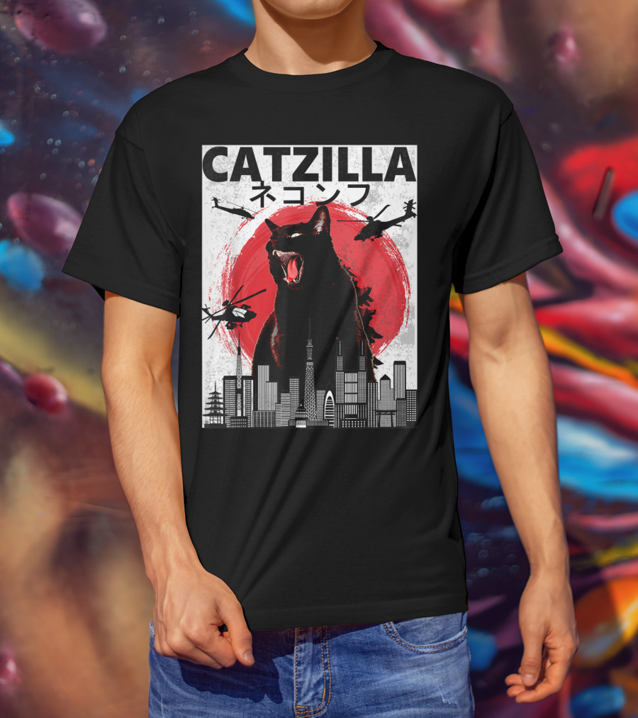 Catzilla Japanese Sunset Helicopters Cityscape Skyscraper Tower T-Shirt