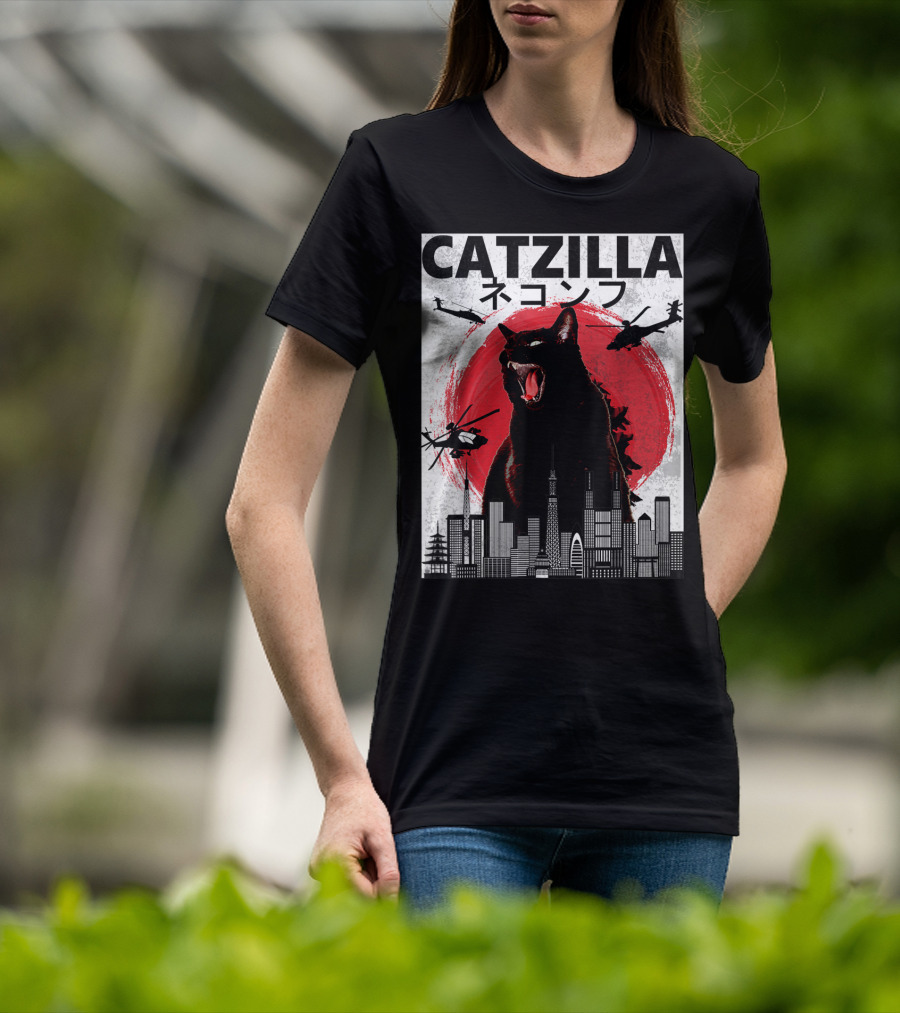 Catzilla Japanese Sunset Helicopters Cityscape Skyscraper Tower T-Shirt
