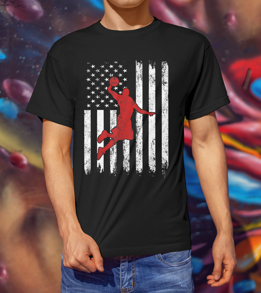 Proud American Basketball Vintage Flag Dunking T-Shirt