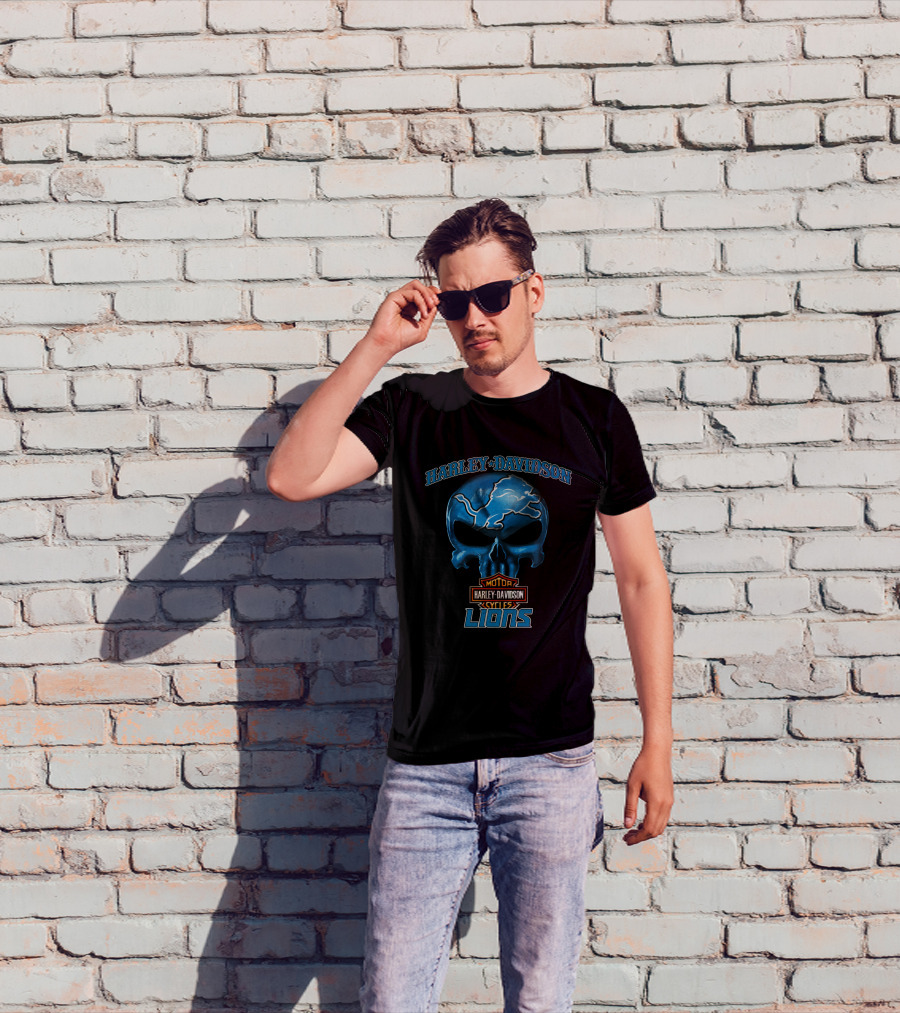 Harley Davidson Motor Cycles Lions Skull Detroit Nfl T-Shirt