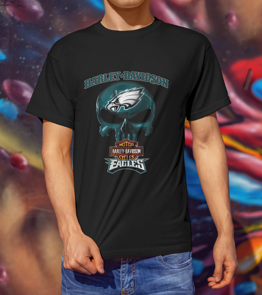 Harley Davidson Motor Cycles Skull Philadelphia Eagles T-Shirt