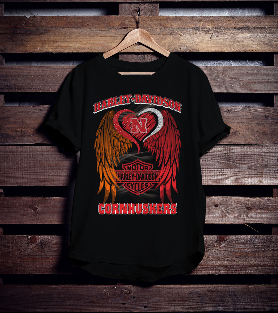 Harley Davidson Heart Wings Nebraska Cornhuskers Motorcycles T-Shirt