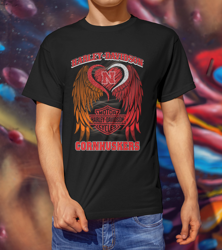 Harley Davidson Heart Wings Nebraska Cornhuskers Motorcycles T-Shirt