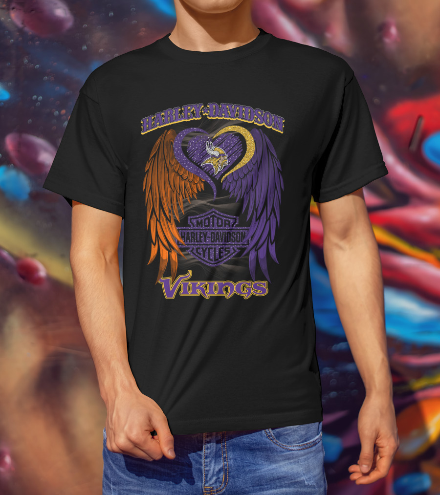 Harley Davidson Motor Cycles Minnesota Vikings Winged Heart T-Shirt
