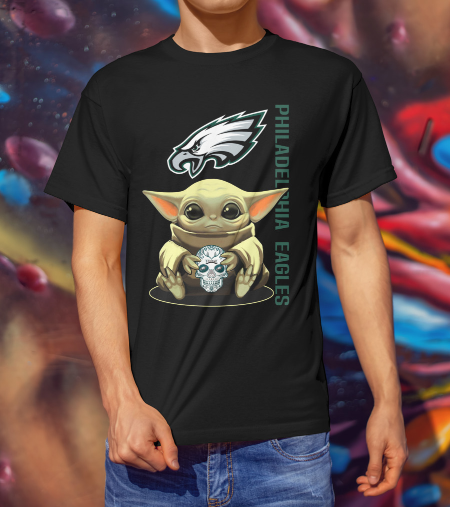 Philadelphia Eagles Baby Yoda Holding Skull T-Shirt