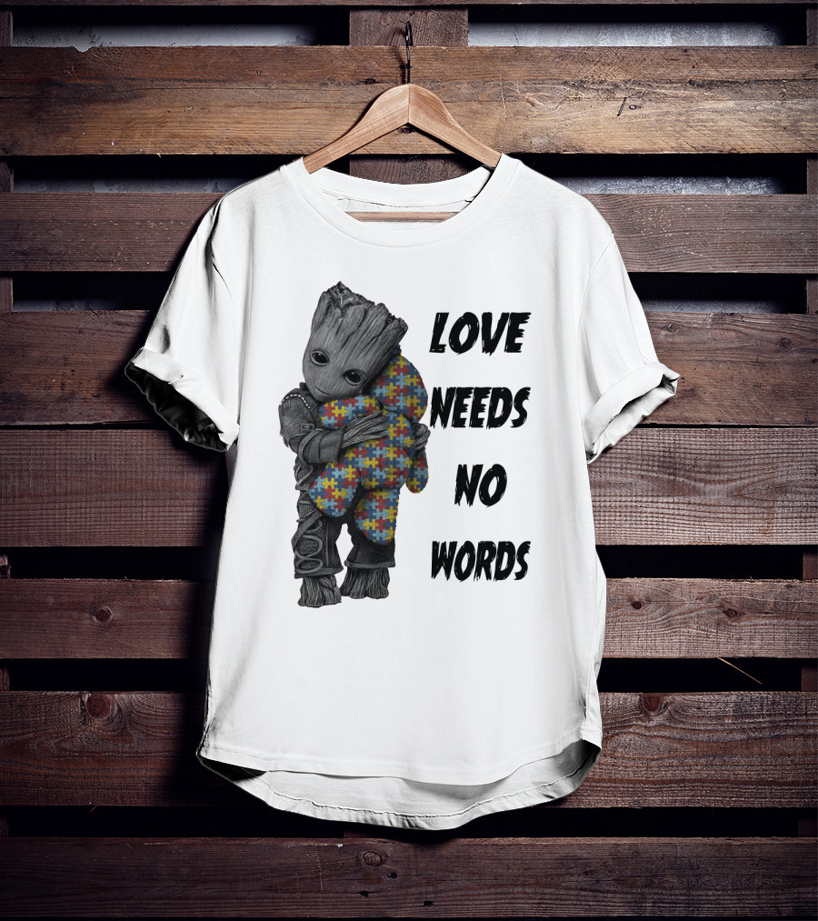 Love Needs No Words Groot Hugging Puzzle Piece Autism Awareness T-Shirt