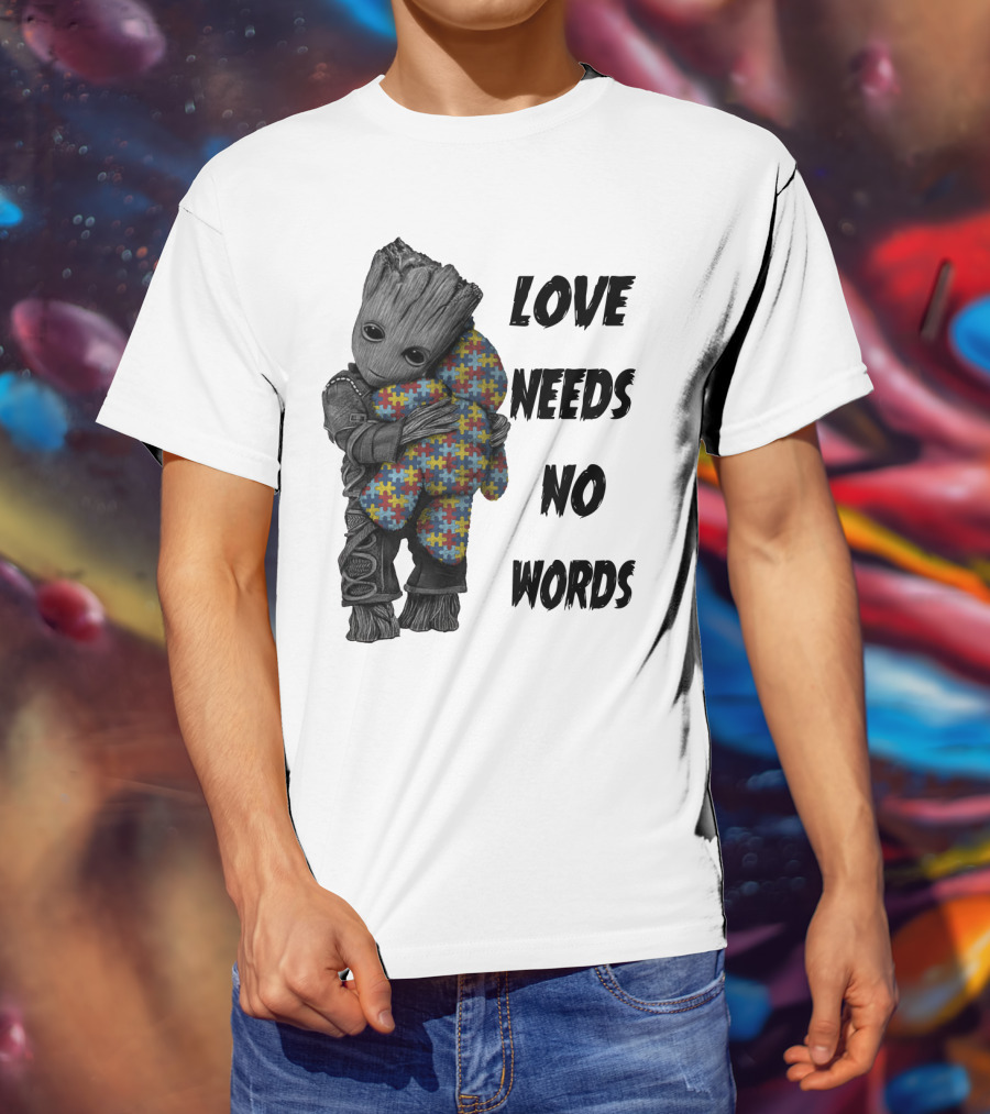 Love Needs No Words Groot Hugging Puzzle Piece Autism Awareness T-Shirt