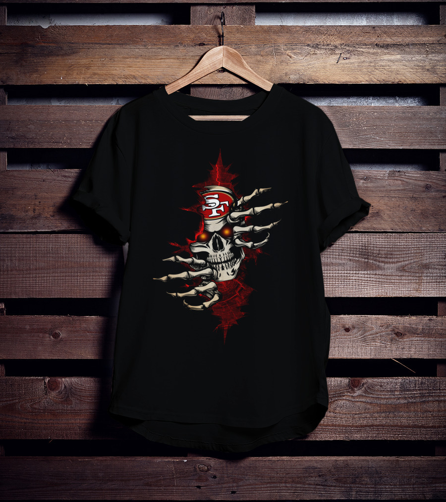 Skull With 49ers Logo And Skeleton Hands T-Shirt