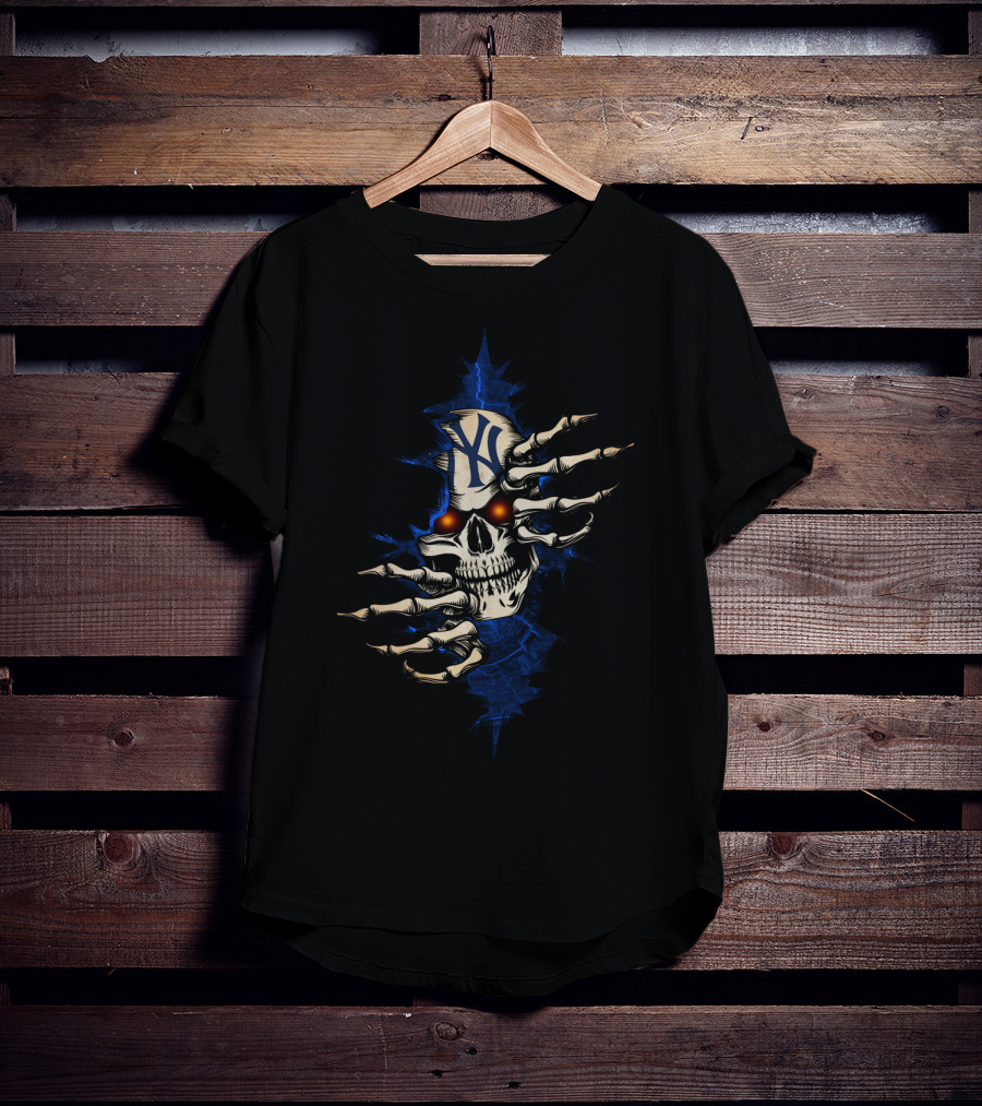 Skull Yankees NY Logo Skeleton Hands Red Eyes T-Shirt