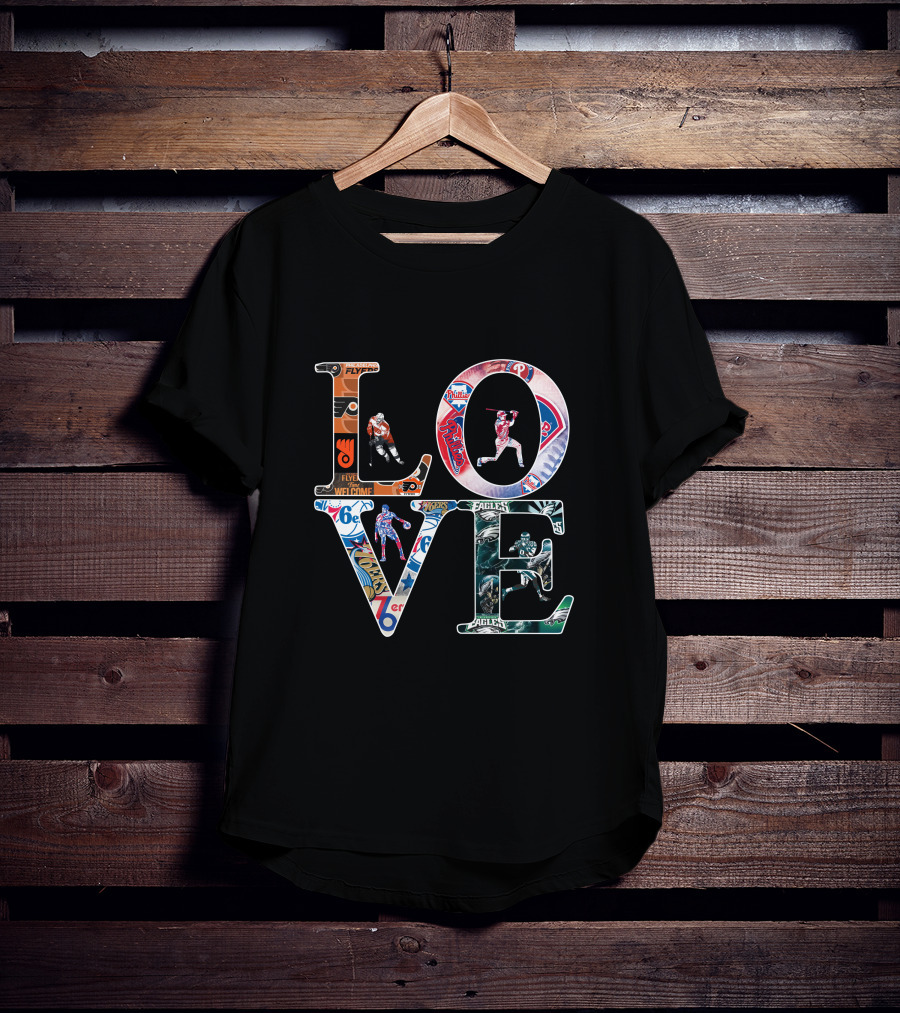 LOVE Philadelphia Sports Logos Flyers Phillies 76ers Eagles T-Shirt