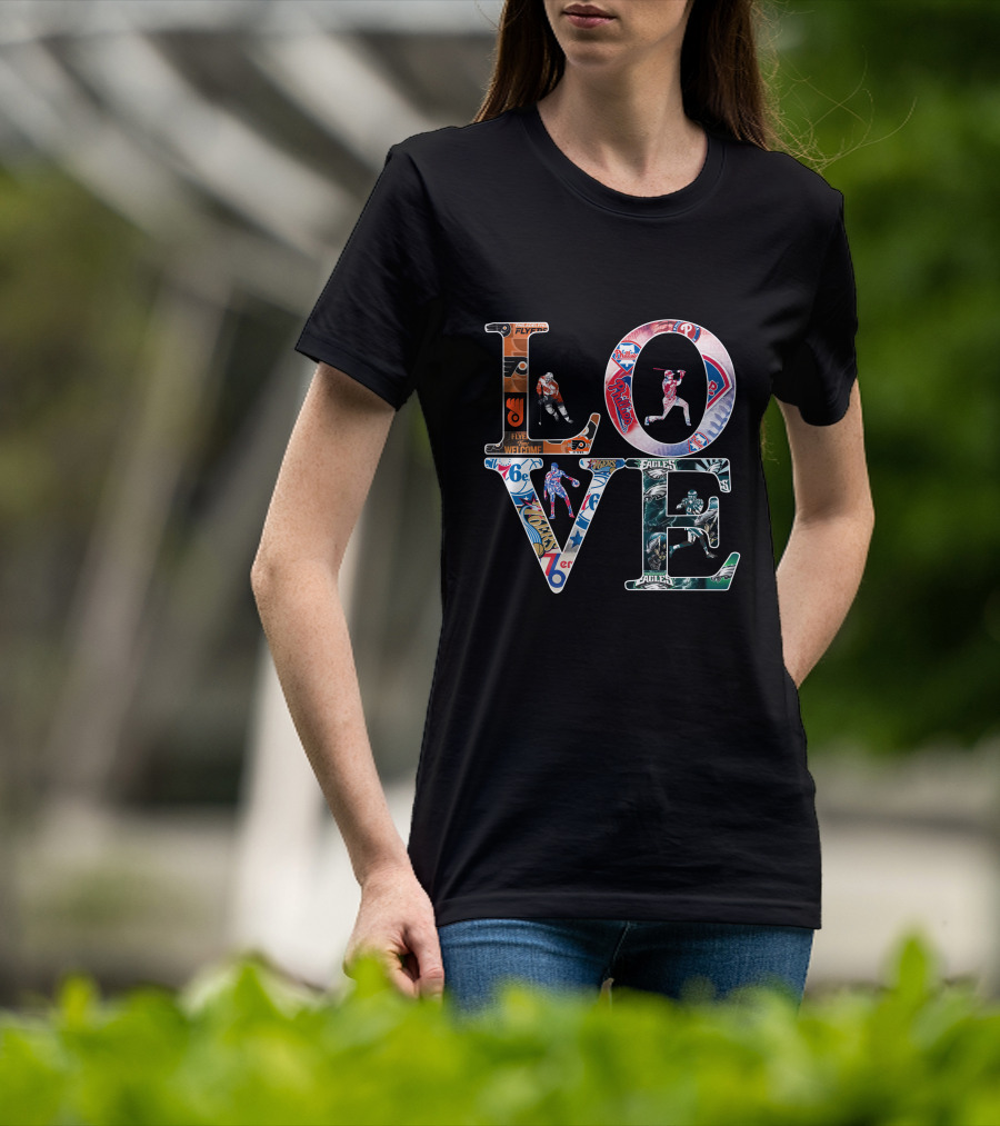LOVE Philadelphia Sports Logos Flyers Phillies 76ers Eagles T-Shirt