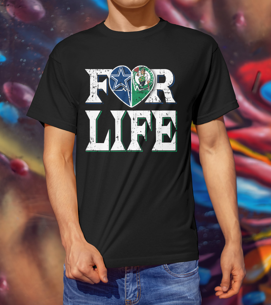For Life Dallas Cowboys Boston Celtics Logo Heart T-Shirt