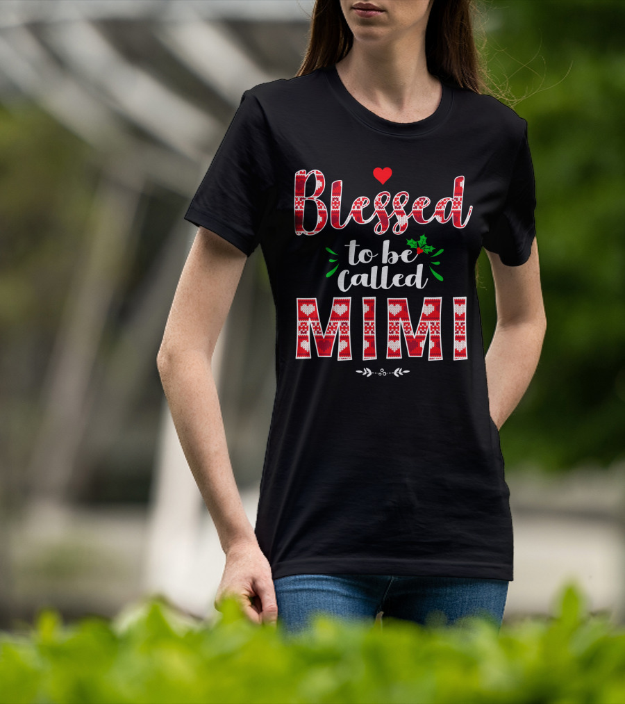 Blessed To Be Called Mimi Holiday Knit Pattern Heart And Holly T-Shirt