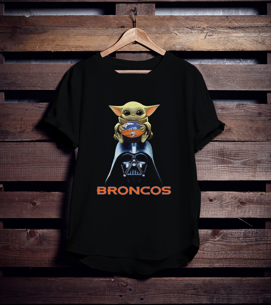 Baby Yoda Holding Denver Broncos Football On Darth Vader With Broncos T-Shirt