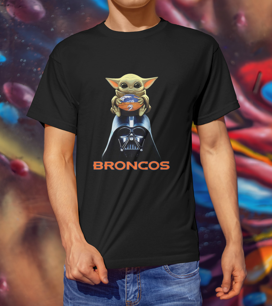 Baby Yoda Holding Denver Broncos Football On Darth Vader With Broncos T-Shirt