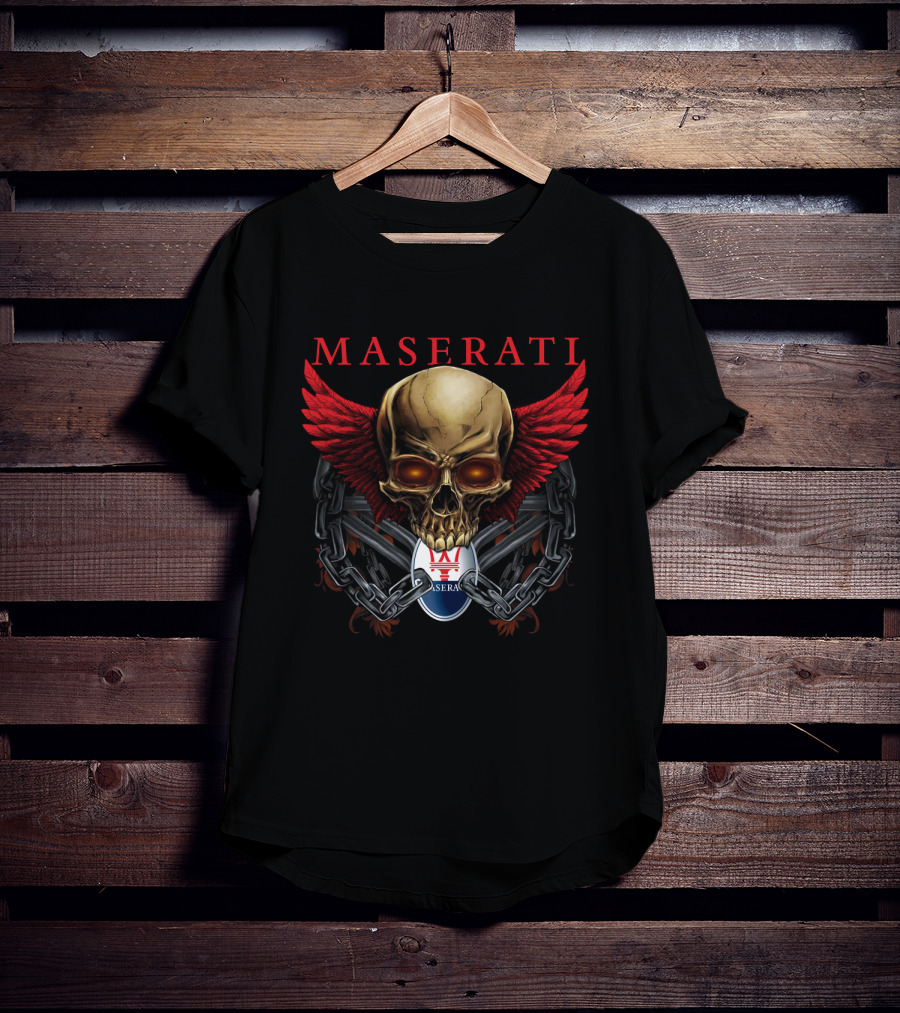 Maserati Skull With Red Wings And Chains T-Shirt