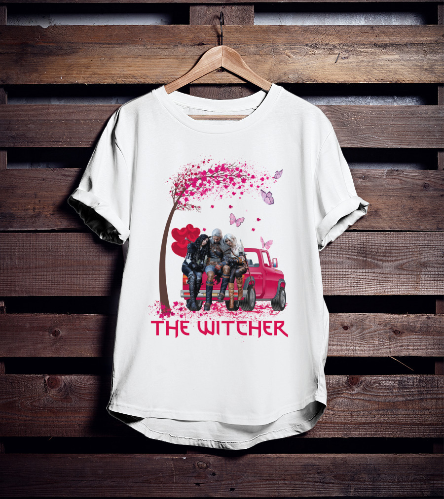 The Witcher Geralt Yennefer Ciri Pink Truck Hearts Butterflies Tree T-Shirt