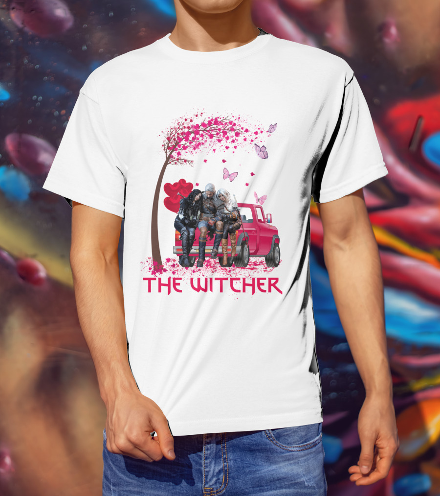 The Witcher Geralt Yennefer Ciri Pink Truck Hearts Butterflies Tree T-Shirt
