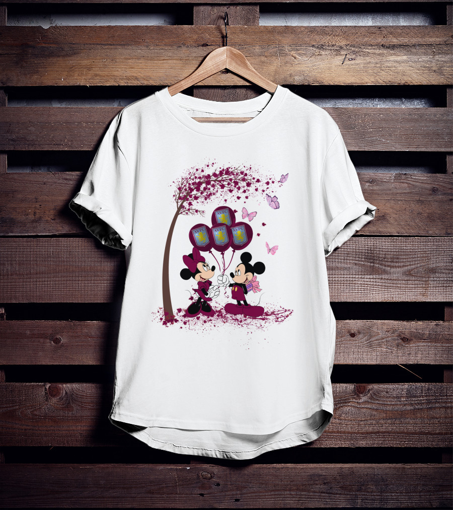 Aston Villa AVFC Balloons With Mickey And Minnie Under Cherry Blossom Tree T-Shirt