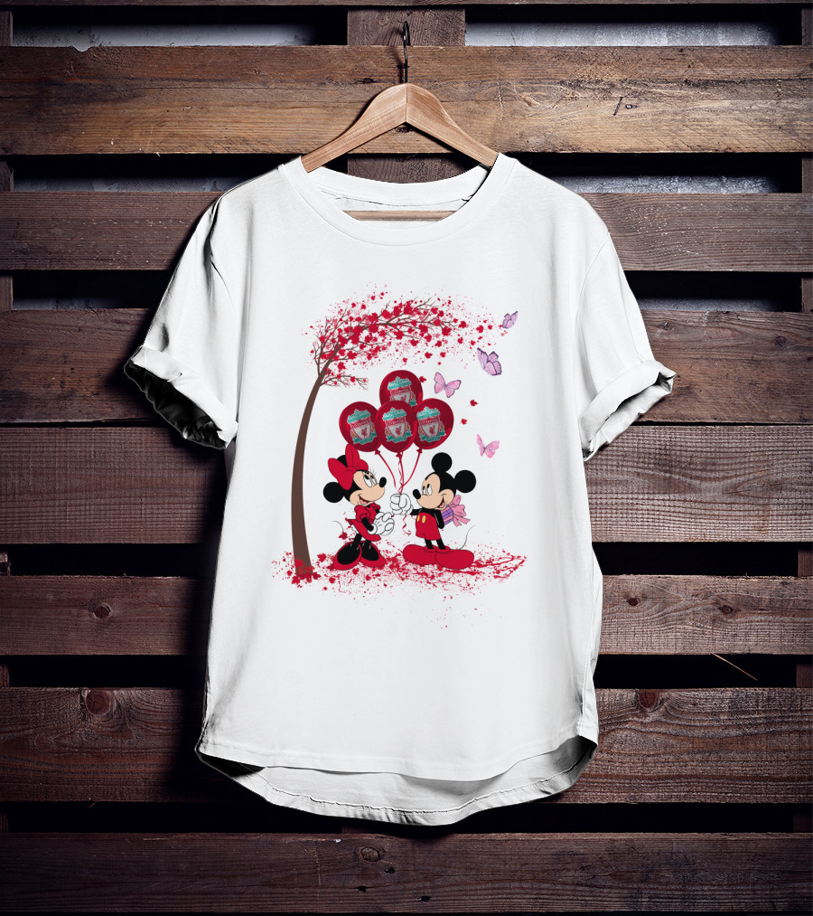 Mickey Minnie Holding Liverpool FC Balloons Under Blossoming Tree With Butterflies T-Shirt