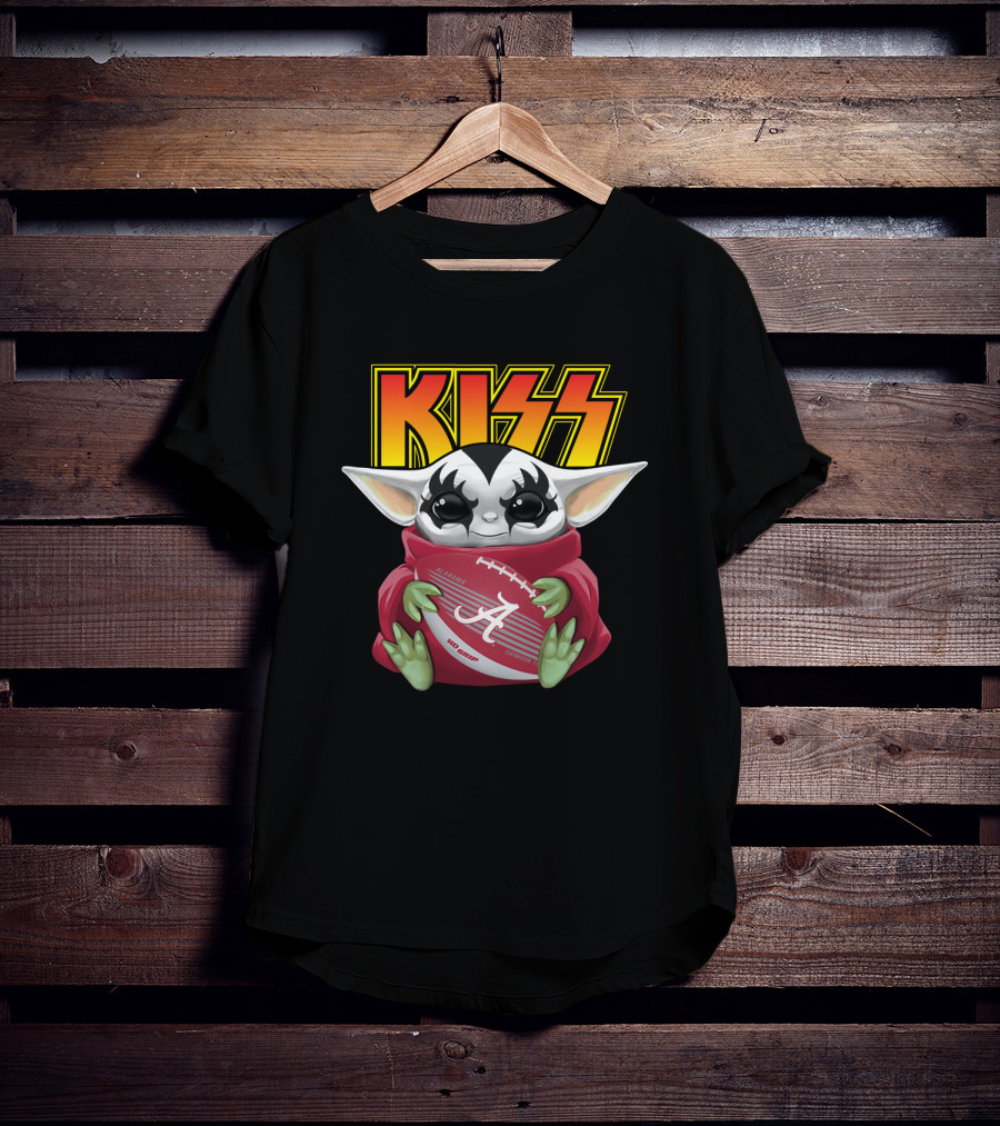 KISS Gene Simmons Baby Yoda Holding Alabama Crimson Tide Football T-Shirt