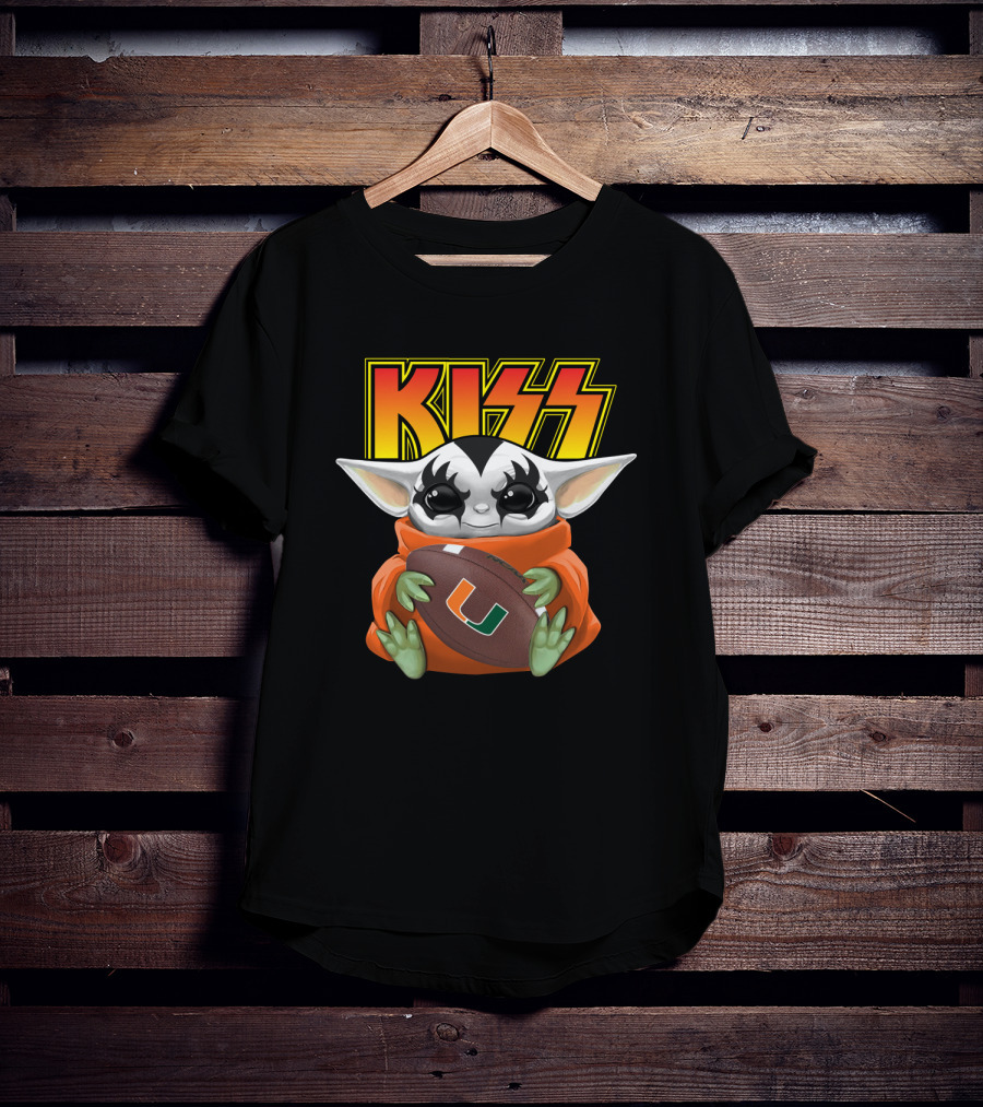 Kiss Baby Yoda Miami Hurricanes Football T-Shirt