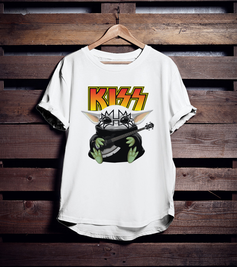 KISS Baby Yoda With Guitar In Tommy Thayer Makeup T-Shirt