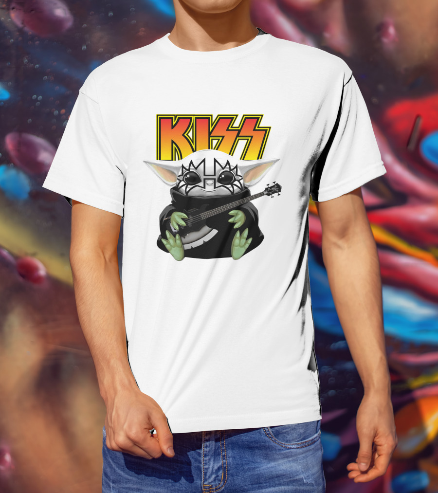 KISS Baby Yoda With Guitar In Tommy Thayer Makeup T-Shirt